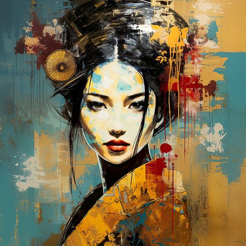 Geisha moderne abstraite en rouge bordeaux et jaune ocre