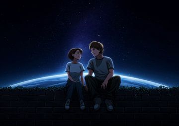 Romantic Anime Couple Sitting Under Starry Cosmos by BINEDITS