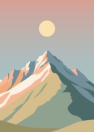 Minimalistische Vektorgrafik einer majestätischen Sonne, die über einen schneebedeckten Berggipfel scheint