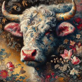 Colourful cow with flowers and jouy de toile by Dutch Art Works