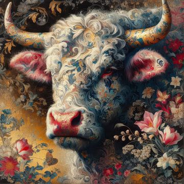 Bonte koe met bloemen en jouy de toile van John van den Heuvel