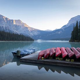 Reflecties in het kalme water van Emerald Lake, Canada van Charlotte Jalvingh
