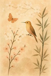 Kolibri und Schmetterling auf einer Kirschblüte