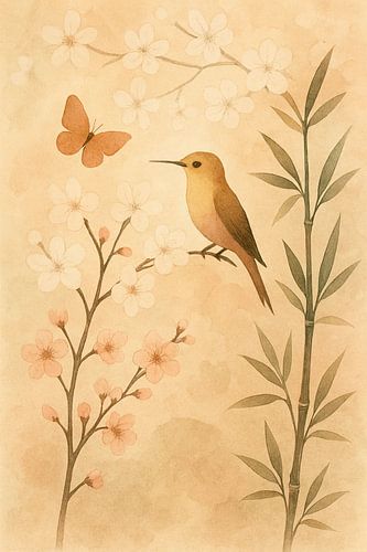 Kolibri und Schmetterling auf einer Kirschblüte von Claudia Gründler