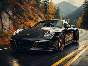 Porsche noire dans un paysage de montagne_1