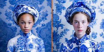 Delft Blue girls modern portrait by Vlindertuin Art