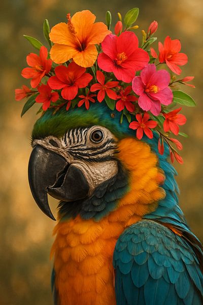 Tropical Parada - parrot with garland of flowers by Kleurenrijk