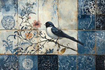 Oude tegels met prachtige bloemmotieven en sierlijke vogels  Delfts blauwe stijl