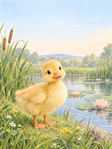 Eendjes aan de oever van de vijver – waterlelies en riet