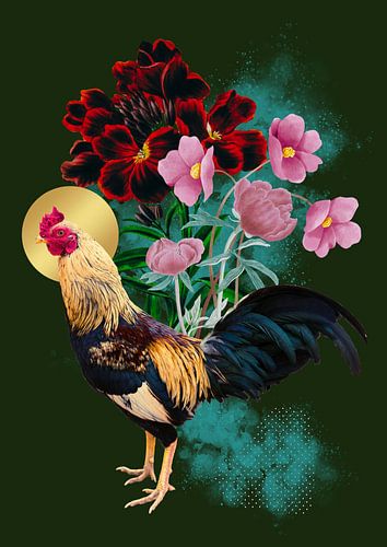 Coq doré avec des fleurs vintage