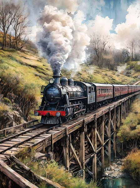 Nostalgic Crossing: Steam train on Wooden Bridge by Retrotimes