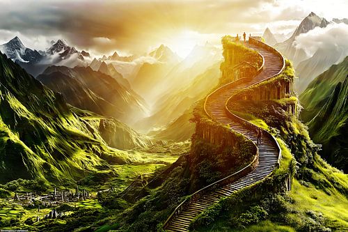 Stairs through green mountains to the sunset
