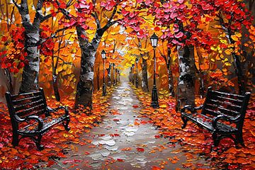 Herfstpark met kleurrijke bomen en bankjes van Art & Soul Creations