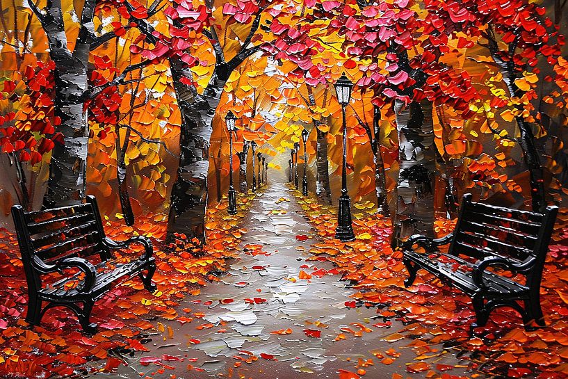 Autumn park with colourful trees and benches by Art & Soul Creations