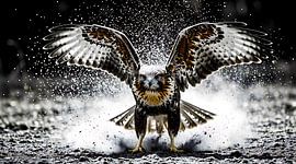 Tableau mural dynamique représentant un balbuzard pêcheur en train de se baigner - Photographie animalière « Splashing Hawk »
