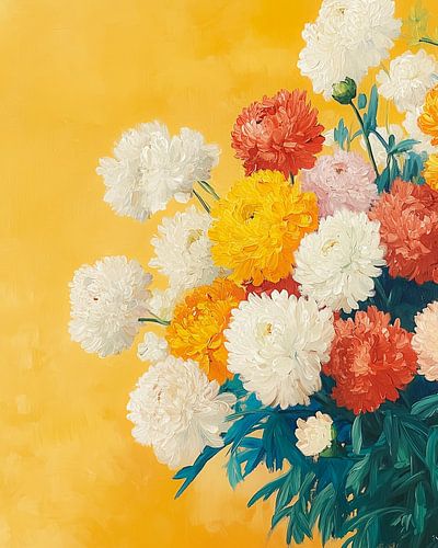 Vintage floral Komposition mit Chrysanthemen und Pfingstrosen - warme botanische Druck