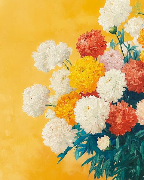 Vintage floral Komposition mit Chrysanthemen und Pfingstrosen - warme botanische Druck von Thea