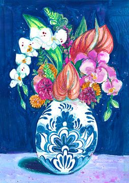 Delfs Blauw Illustratieve Bloemen van Dominique Bonne
