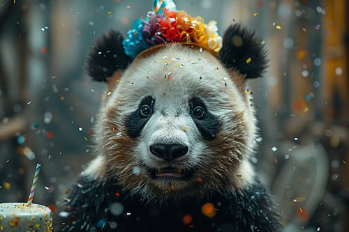 Grappige panda met feestmuts die een verjaardag viert