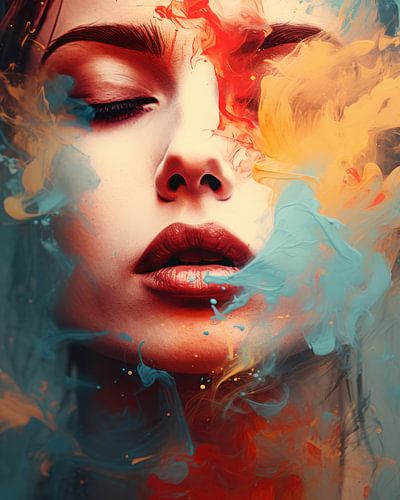 Abstraktes Porträt einer Frau mit buntem Rauch