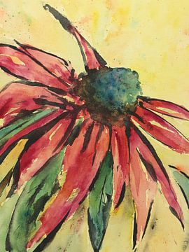 Roughly painted red flower on yellow background (modern abstract watercolour painting summer cheerfu