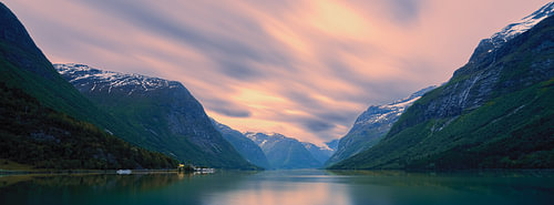 Panorama and sunrise over Lovatnet, Vestland, Norway