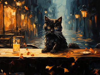 Black Cat and Cafe Terrace at Night inspired by Van Gogh