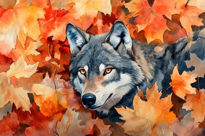 Herbstglanz – Wolf im Blättermeer von Poster Art Shop