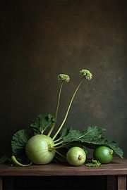 Groene Stilte – Minimalistisch stilleven met pompoen en bloemenstelen van Kleurenrijk