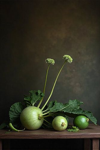 Groene Stilte – Minimalistisch stilleven met pompoen en bloemenstelen