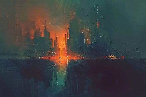 Futuristisch stadsgezicht bij zonsondergang