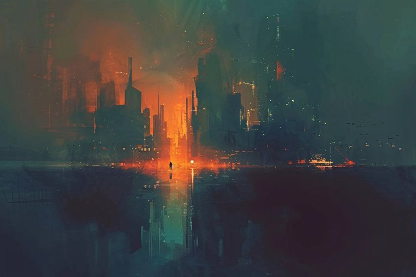 Futuristisch stadsgezicht bij zonsondergang van Art & Soul Creations