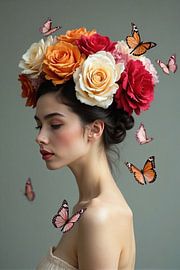 Beauty of roses - Woman with Colourful Flowers and Butterflies by Kleurenrijk