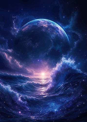 Une mer cosmique avec une lune géante et des vagues scintillantes à la lueur des étoiles