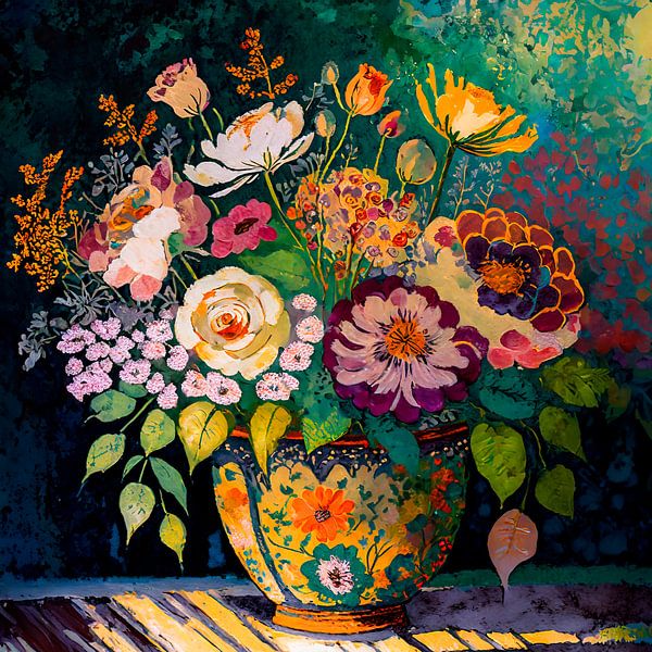 Retro Stilleven schilderij. Bloemstuk in warme kleuren met goud van Studio Pieternel