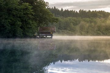 Mystische Nebelschwaden nach Regen auf einem See in Bayern, Deutschland