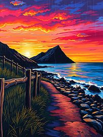 Vibrant Ocean Sunset Path – Bold Coastal Wall Art by Ini Rendybovi