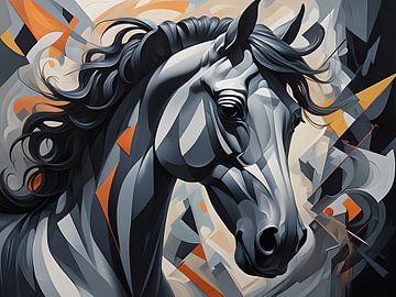 Paardenportret met kubistische en futuristische elementen