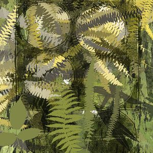 Modern abstract botanical art. Fern leaves in green and yellow by Dina Dankers