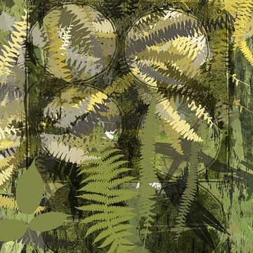Moderne abstracte botanische kunst. Varensbladeren in groen en geel van Dina Dankers
