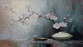 Japanischer Stil: Kirschblüten in einer Vase mit Leinenstruktur