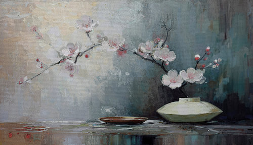 Japanischer Stil: Kirschblüten in einer Vase mit Leinenstruktur