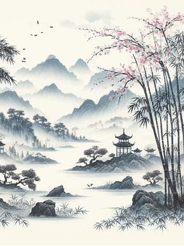 Paysage de lac et de montagne en aquarelle de style chinois sur Fukuro Creative