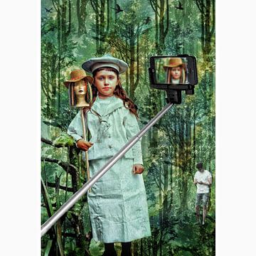 Girl with selfie stick and.man with smartphone in a forest