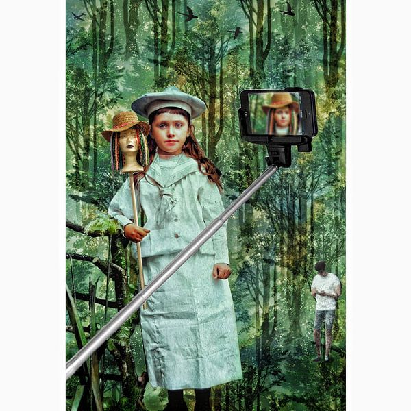 Girl with selfie stick and.man with smartphone in a forest by Ruben van Gogh - smartphoneart