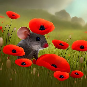 Souris parmi les coquelicots