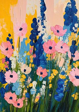 Wilde bloemen Schilderij Roze Blauw Geel van Niklas Maximilian