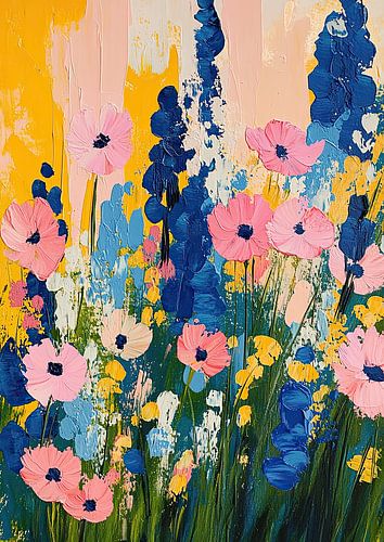 Wilde bloemen Schilderij Roze Blauw Geel