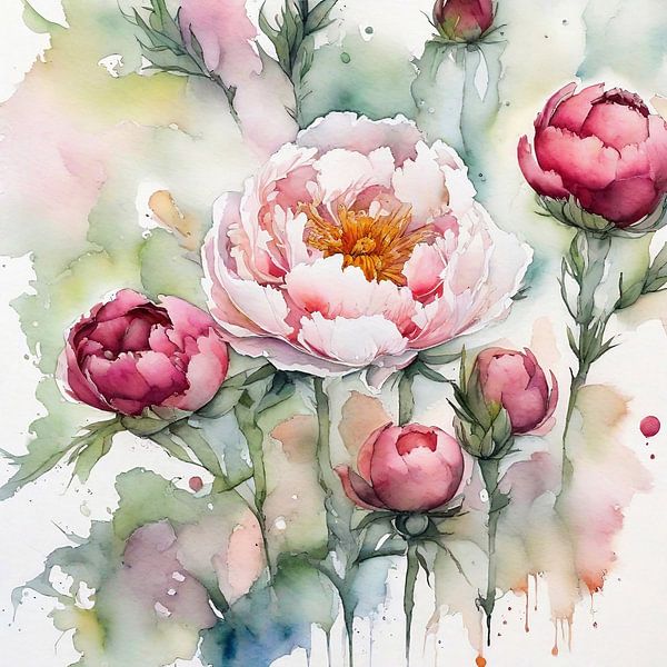 Pfingstrosen in Aquarell von Sabine Schemken