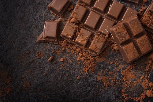 chocolade- en cacaopoeder op een donkere leisteenachtergrond met kopieerruimte, hoge hoekweergave va